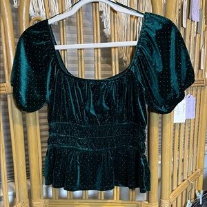 MiAmi Green Velvet Blouse with Puff Sleeves